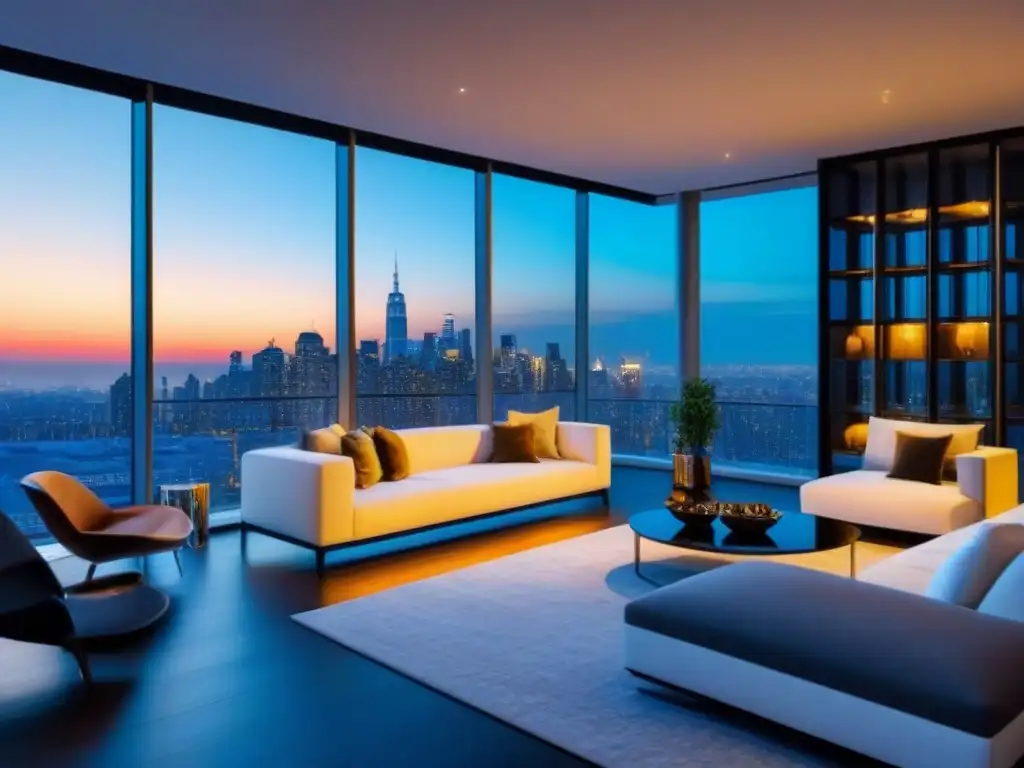 Penthouse moderno de lujo con vista panorámica al atardecer Publicidad inmobiliaria de lujo: Penthouse moderno con vista a la ciudad al anochecer y elegante diseño interior contemporáneo