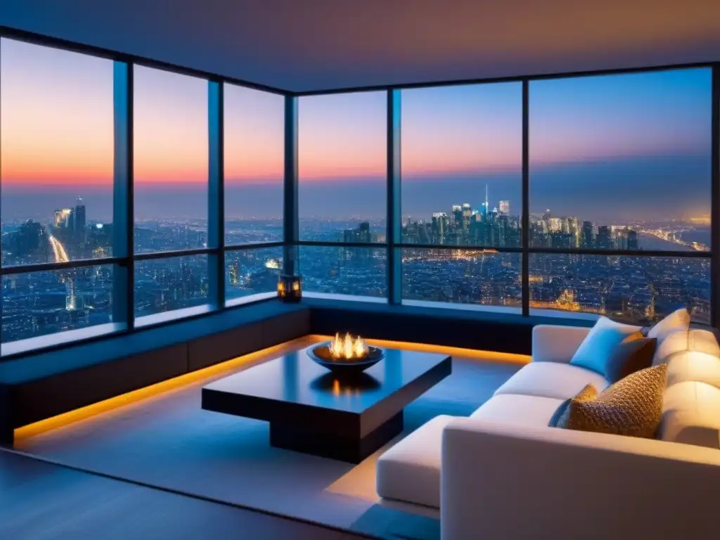 Penthouse de lujo con vista panorámica y diseño moderno Publicidad inmobiliaria de lujo: Penthouse moderno con vista panorámica a la ciudad al atardecer, diseño elegante y arte contemporáneo