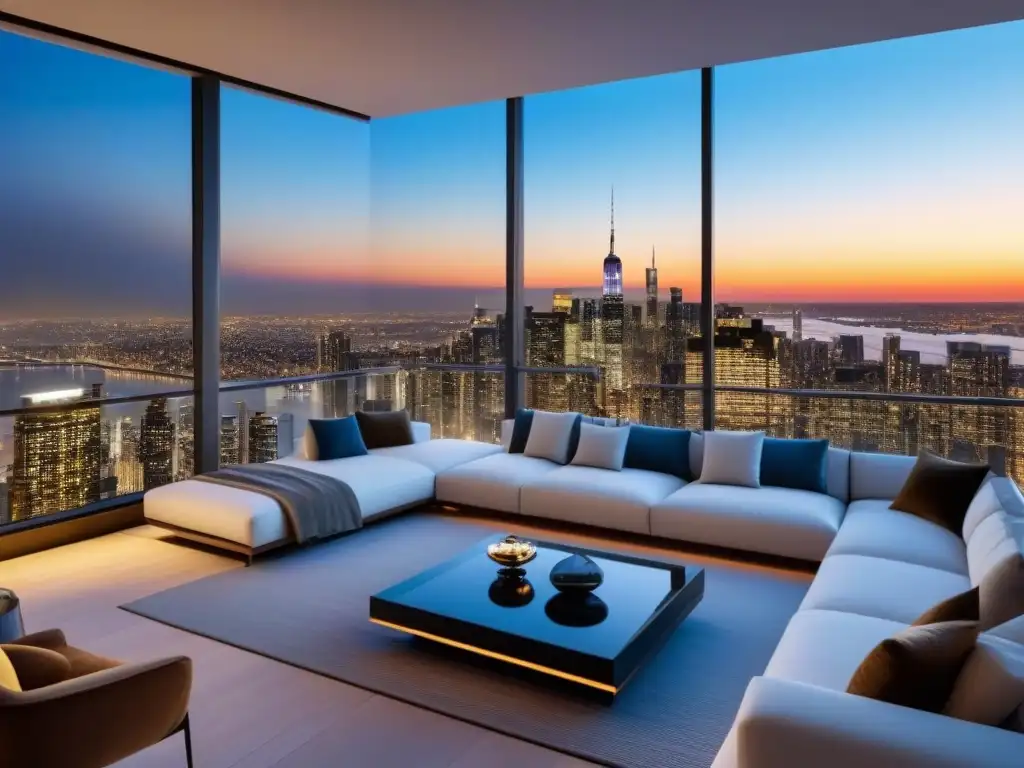 Penthouse moderno de lujo con vista nocturna a la ciudad Publicidad inmobiliaria de lujo: Penthouse moderno con vista nocturna a la ciudad desde ventanales, elegante y sofisticado