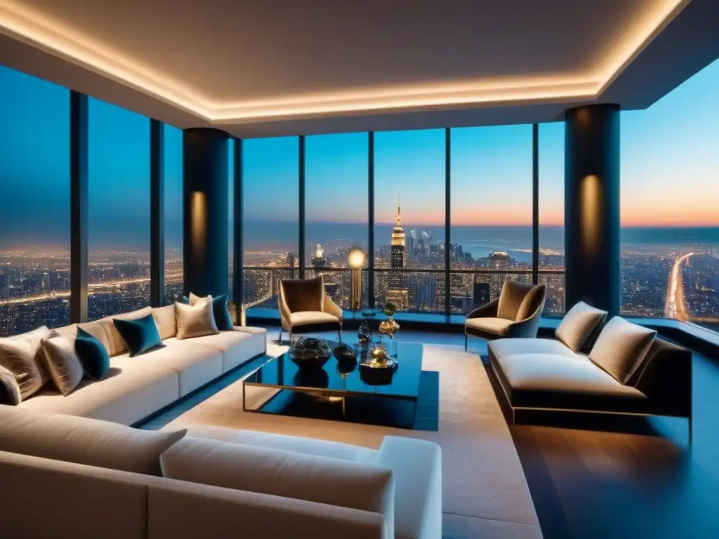 Espléndido salón penthouse de lujo con vista nocturna a la ciudad Publicidad inmobiliaria de lujo: Sala de estar de penthouse moderno con vista nocturna de la ciudad, muebles elegantes y sofisticada decoración