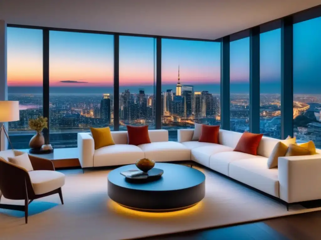 Salón de lujo con vista nocturna de la ciudad en propiedad exclusiva Publicidad inmobiliaria de lujo: Sala de estar moderna y lujosa con vista nocturna a la ciudad y elegante decoración