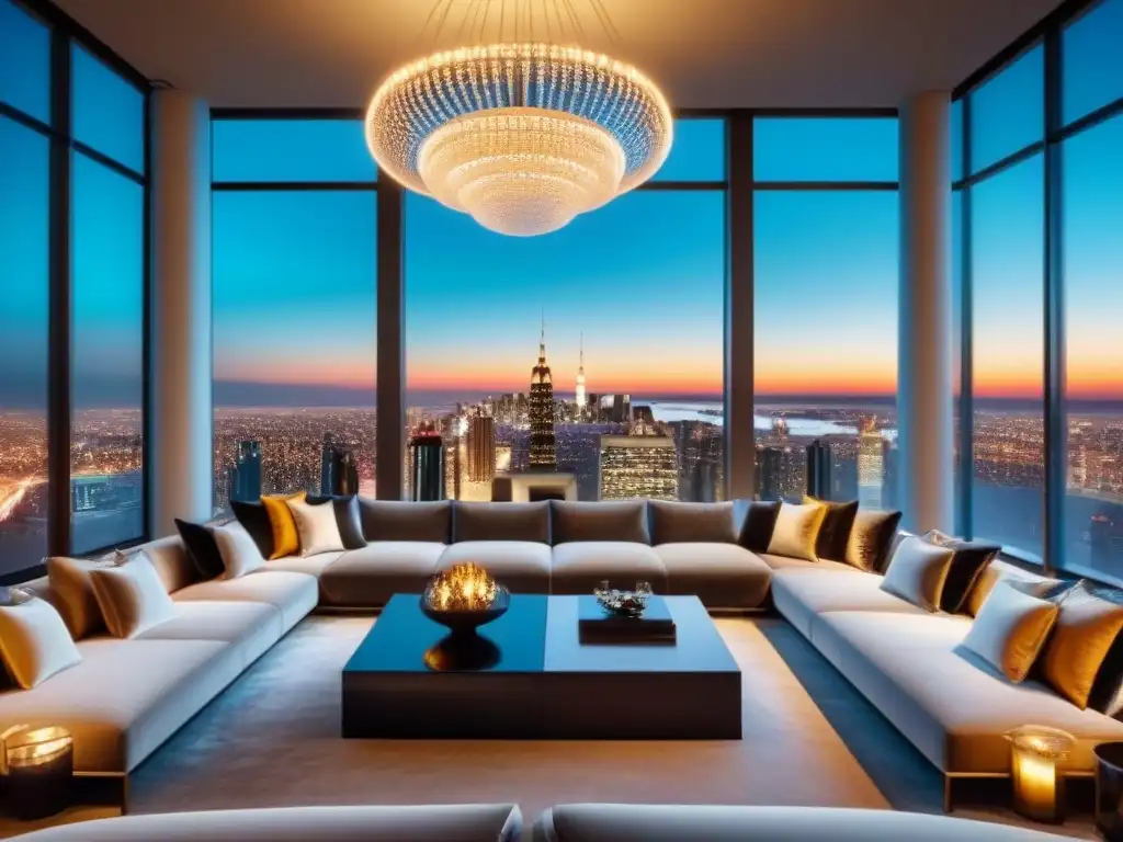 Salón de lujo en penthouse con vista nocturna de la ciudad Publicidad inmobiliaria de lujo: Sala de estar moderna y lujosa en un ático de alta gama con vista a la ciudad de noche