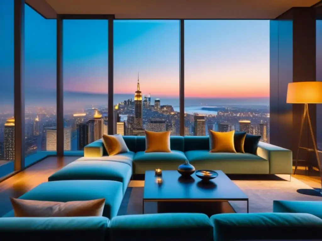 Penthouse de lujo con vistas nocturnas a la ciudad en 8k Publicidad inmobiliaria de lujo: Sala de penthouse lujoso con vista nocturna de la ciudad y mobiliario elegante