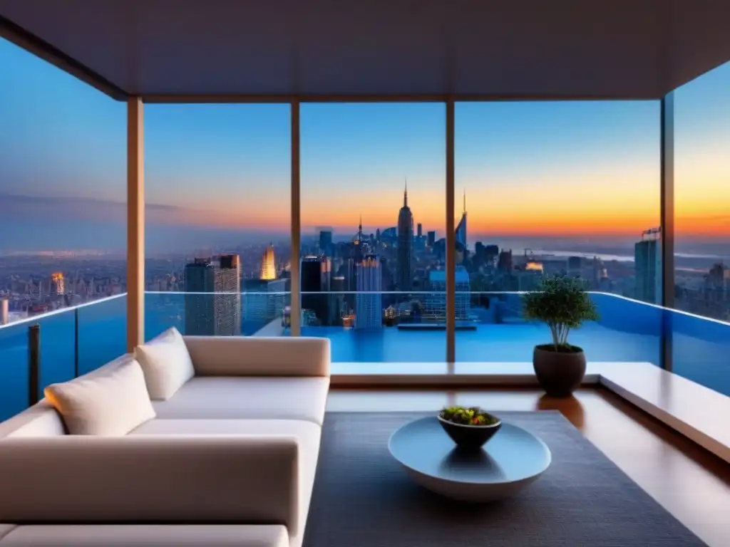 Penthouse de lujo con vistas a la ciudad al atardecer Publicidad propiedades alto standing: lujoso ático moderno con vistas a la ciudad al atardecer, ventanas de piso a techo y terraza en la azotea