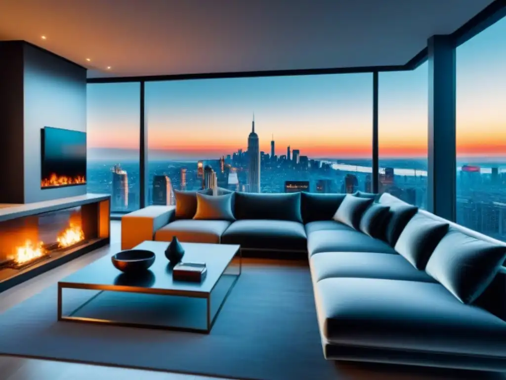 Penthouse de lujo con vista a la ciudad Publicidad propiedades alto standing: lujoso salón penthouse con vista a la ciudad y diseño contemporáneo