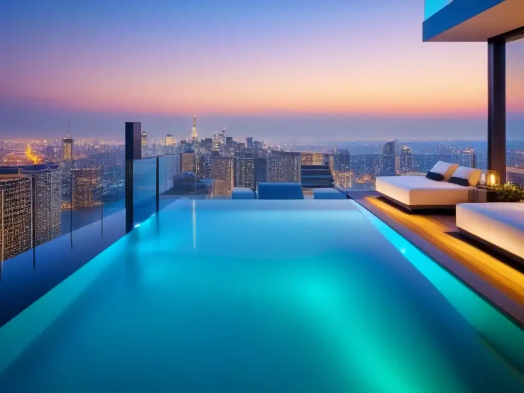 Penthouse de lujo con vistas a la ciudad al atardecer Publicidad propiedades alto standing: lujoso ático moderno con vistas a la ciudad al anochecer, diseño elegante y tecnología avanzada integrada
