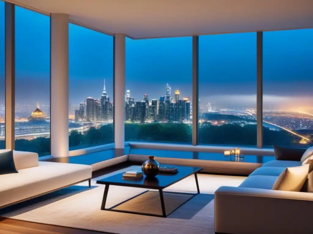 Penthouse de lujo con vista panorámica en la ciudad al atardecer Publicidad de propiedades de alto standing: lujoso ático moderno con vista a la ciudad al atardecer, diseño interior elegante y minimalista
