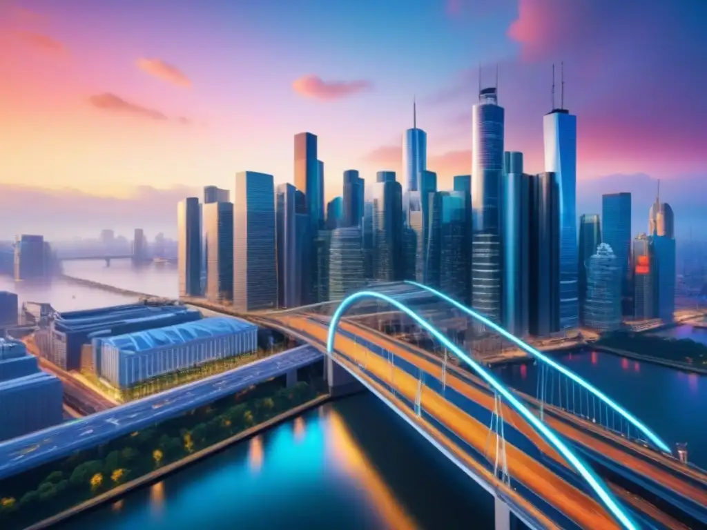 Puente futurista conectando metrópoli financiera Un puente futurista une la ciudad, simbolizando préstamos puente para desarrollo comercial