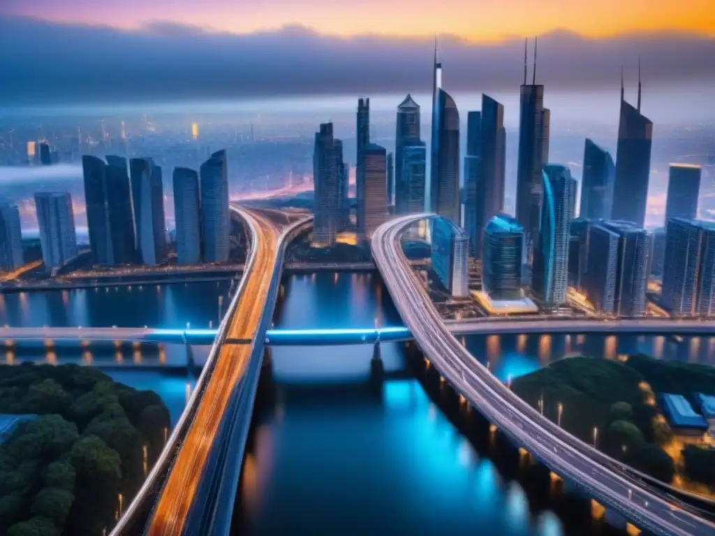 Puente moderno conecta ciudad: imagen ultrarresolución Un puente futurista en una ciudad vibrante simboliza la conectividad y oportunidades en 'Créditos puente financiamiento inmobiliario'