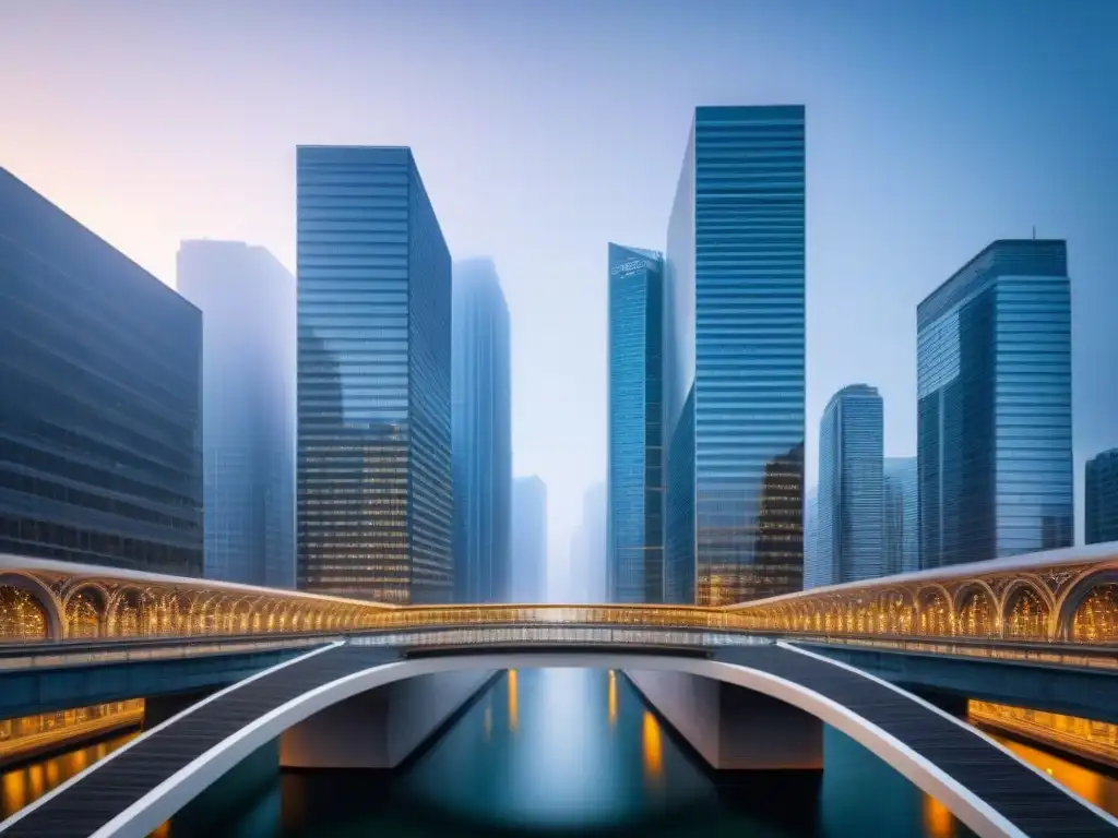 Crédito Puente: Conexión Financiera entre Rascacielos Un puente moderno conecta dos rascacielos, simbolizando 'Créditos puente financiamiento inmobiliario'