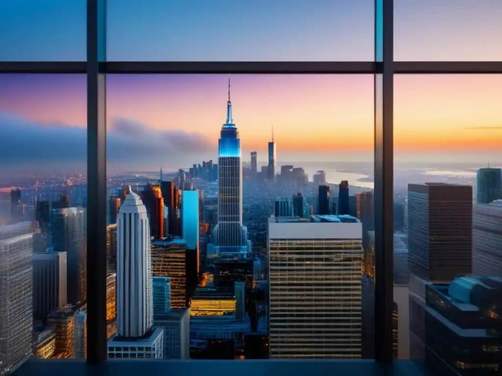 Un rascacielos de cristal reflejando la ciudad al atardecer con gráficos financieros, simbolizando transparencia en inversiones inmobiliarias
