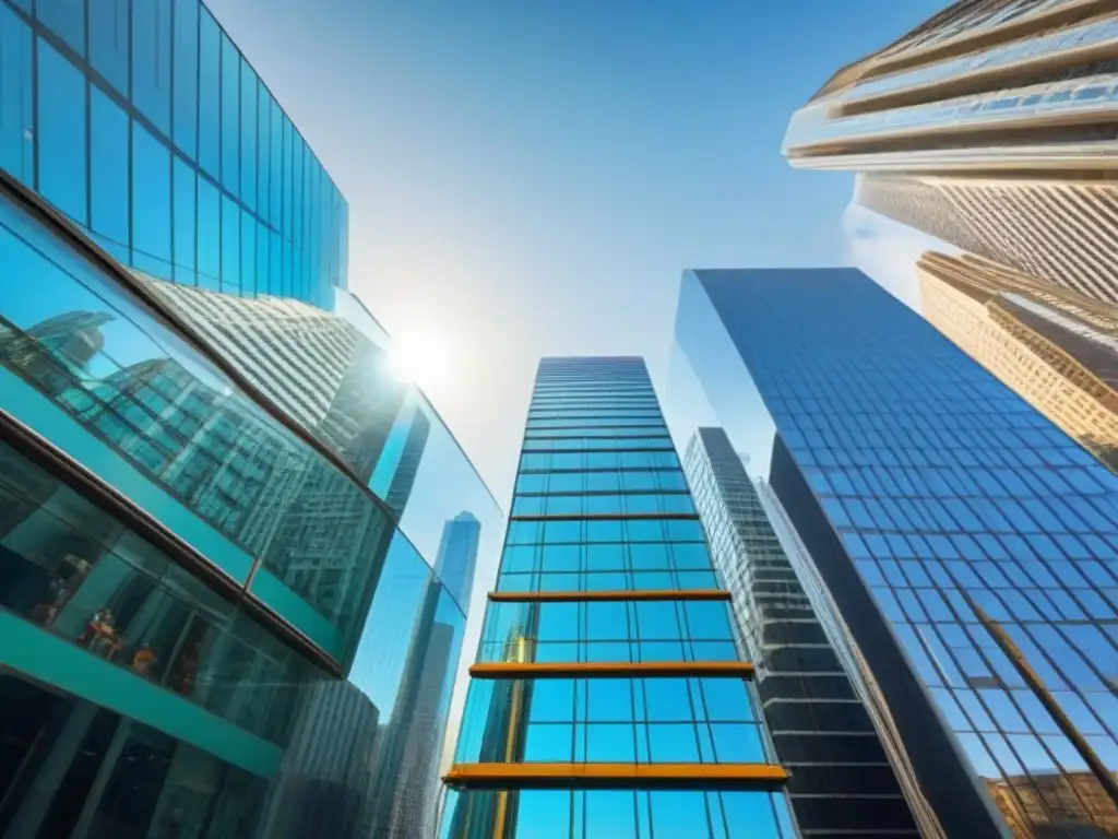 Rascacielos de cristal: transparencia urbana Un rascacielos de cristal moderno refleja la vibrante ciudad