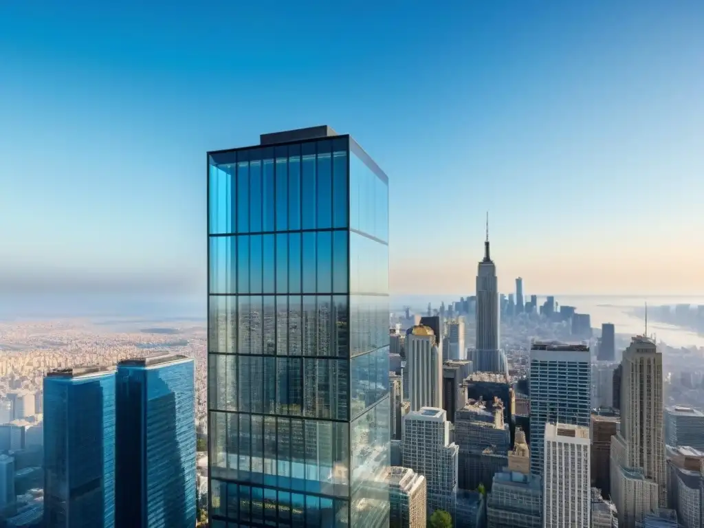 Rascacielos de cristal transparente: modernidad y transparencia en inversiones inmobiliarias Un rascacielos de cristal transparente reflejando la ciudad y el cielo azul, simbolizando transparencia en préstamos inmobiliarios