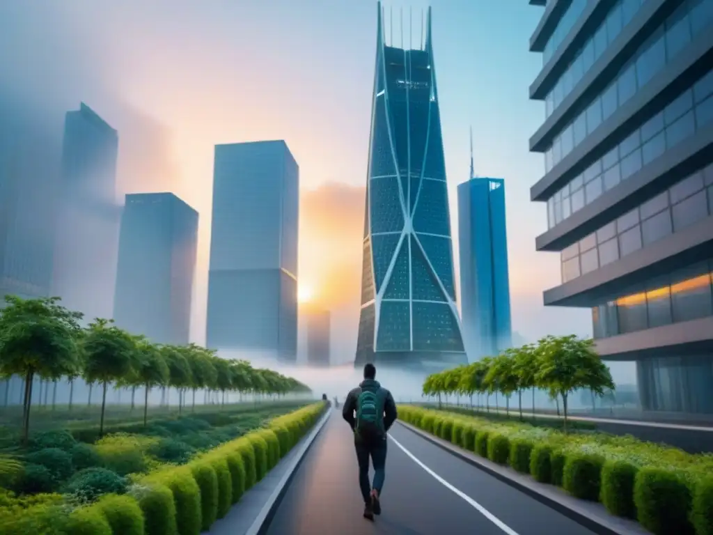 Espectacular rascacielos comercial futurista al atardecer Un rascacielos futurista de bienes raíces comerciales destaca en un atardecer vibrante, reflejando la ciudad