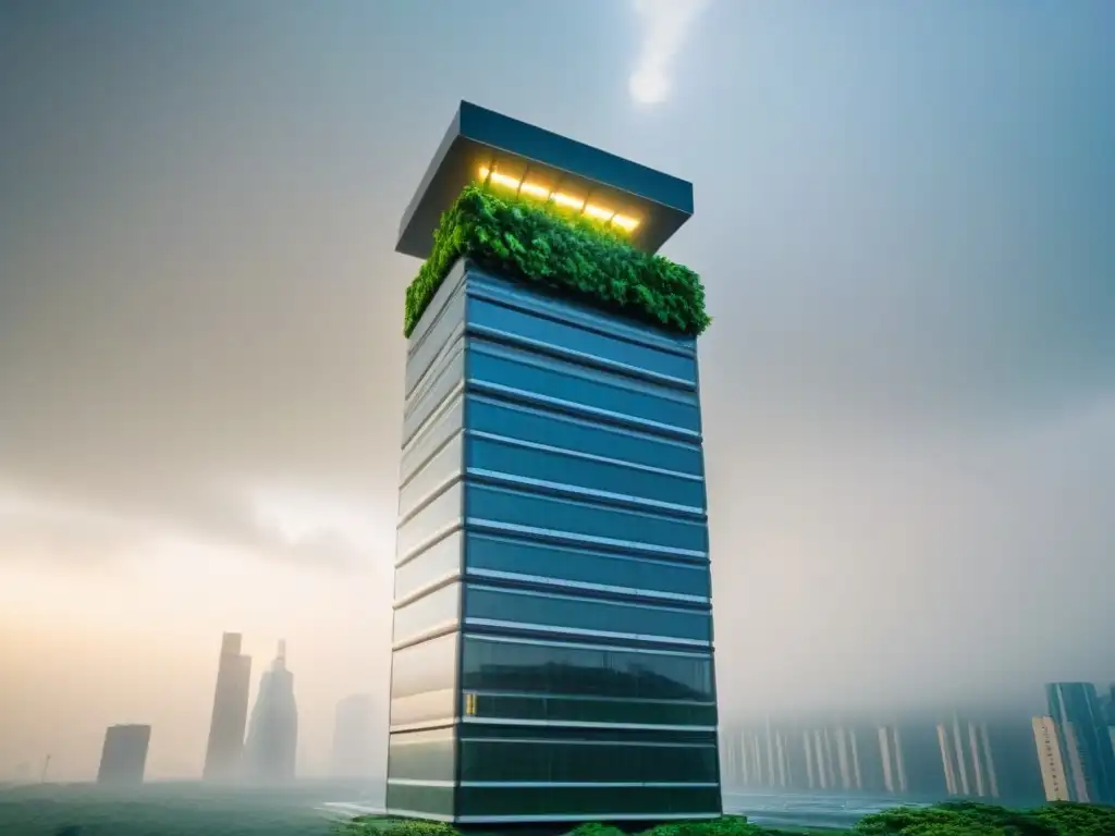 Rascacielos futurista eco-friendly en ciudad moderna Un rascacielos futurista cubierto de vegetación, con paneles solares y turbinas eólicas, destaca en la ciudad