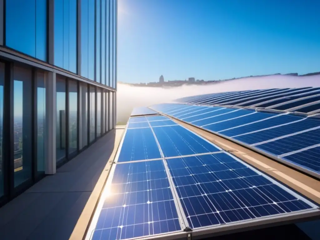 Rascacielos futurista con energía solar en una ciudad vibrante Un rascacielos futurista cubierto de paneles solares, reflejando la luz del sol en un cielo azul