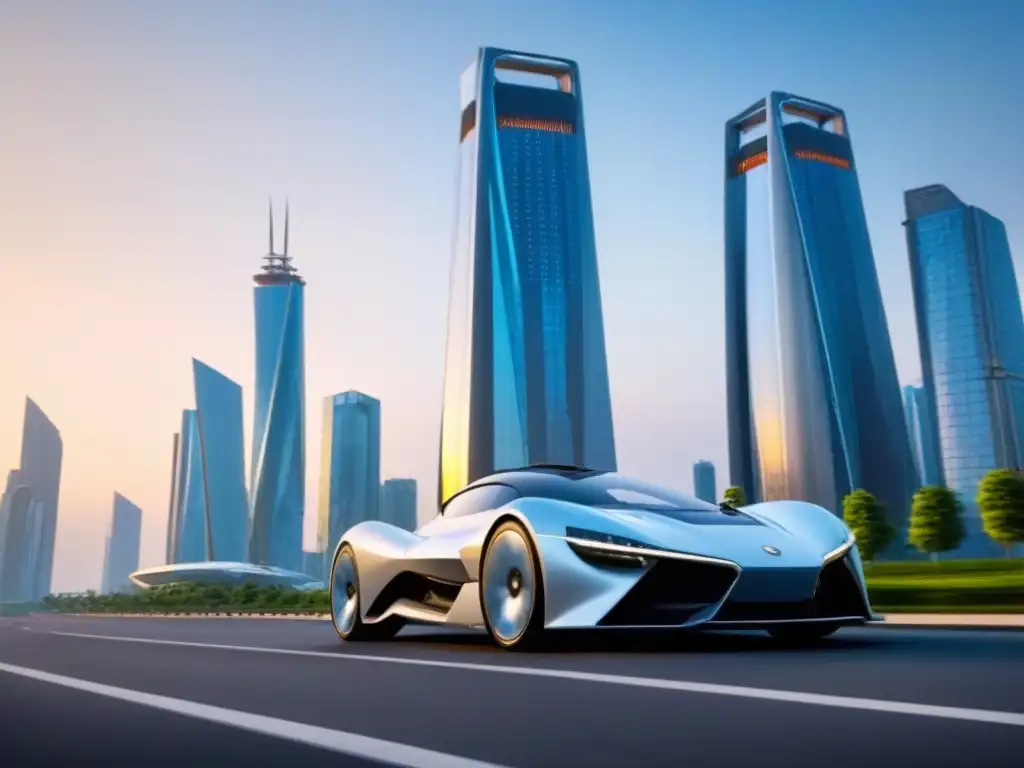 Rascacielos futurista con diseño avanzado y espacios verdes integrados Rascacielos futurista con diseño avanzado y paneles solares, rodeado de autos voladores y ciudad futurista
