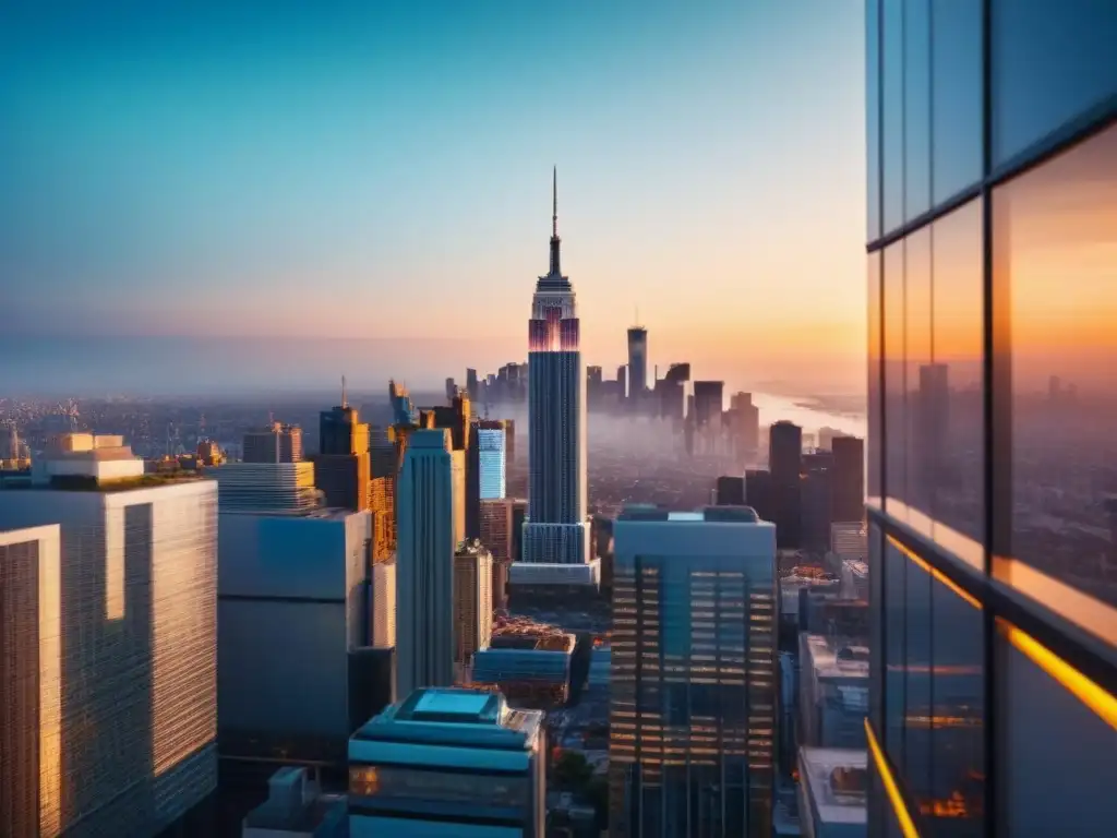 Rascacielos futurista: inversión inmobiliaria global Un rascacielos futurista con diseño ultramoderno y fachadas de vidrio reflejante se alza en una ciudad vibrante
