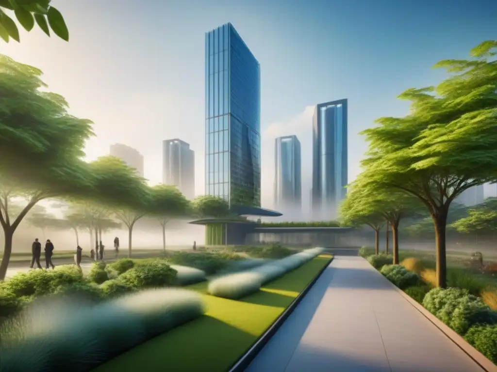 Rascacielos futurista integrado con parque verde: inversión sostenible Un rascacielos futurista fusionado con un parque verde, simbolizando la integración armoniosa de productos híbridos inversión inmobiliaria