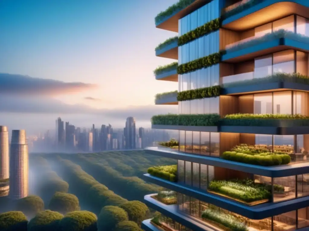 Rascacielos futurista sostenible: tendencias inmobiliarias 2021 Rascacielos futurista de lujo con diseño sostenible y tecnológico, rodeado de vegetación
