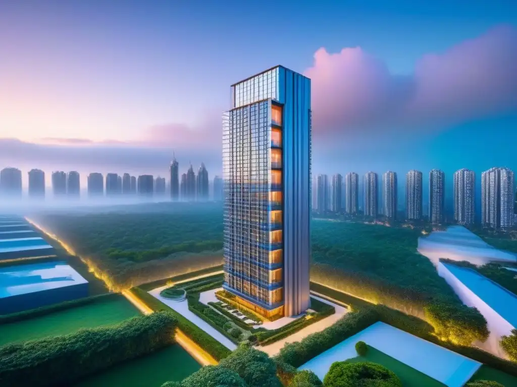 Un rascacielos futurista rodeado de vegetación y tecnología de vanguardia, simbolizando las tendencias flipping propiedades inmobiliarias