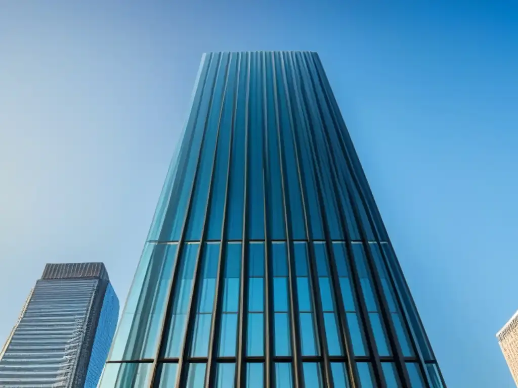 Rascacielos transparente: modernidad inmobiliaria Un rascacielos futurista y transparente refleja la ciudad, simbolizando transparencia en préstamos inmobiliarios