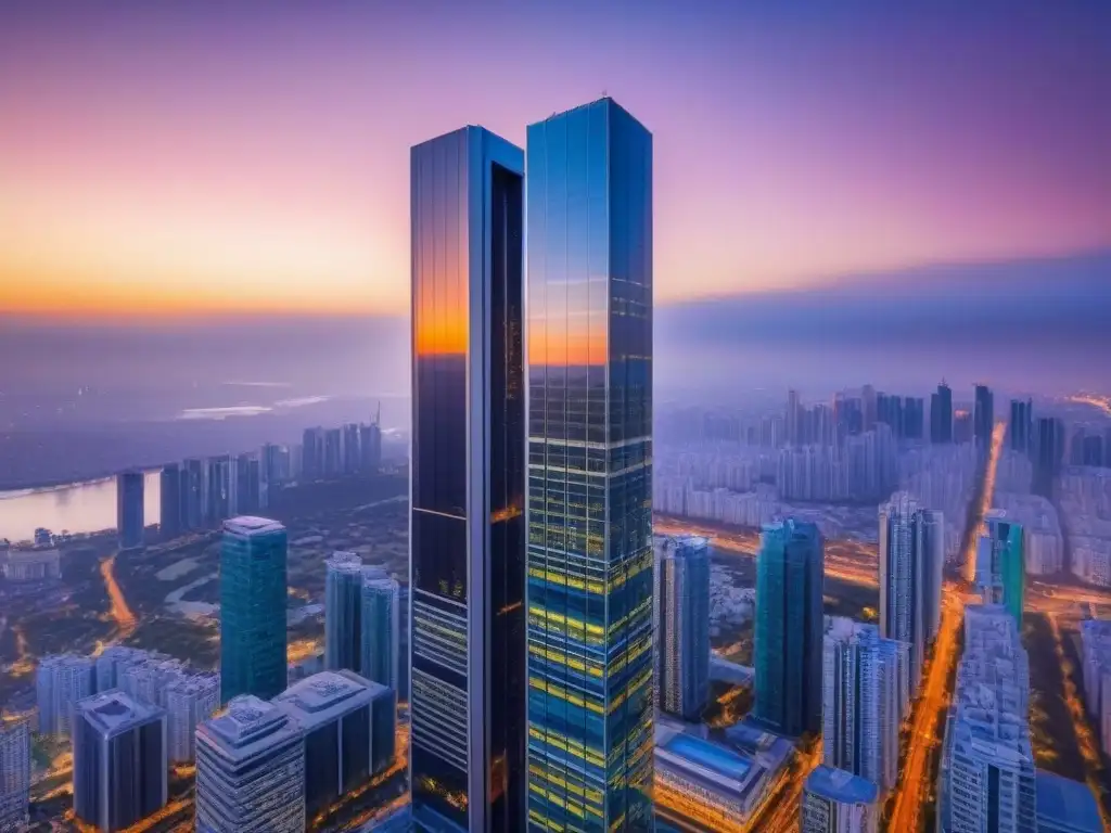 Un rascacielos futurista se alza contra un vibrante atardecer urbano, reflejando innovación y modernidad