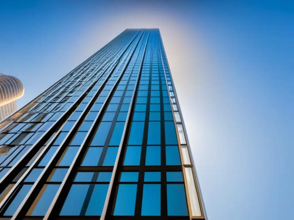 Edificio de vidrio y acero en 8k: innovación en crowdfunding Un rascacielos futurista de vidrio y acero en la ciudad, reflejando el cielo azul