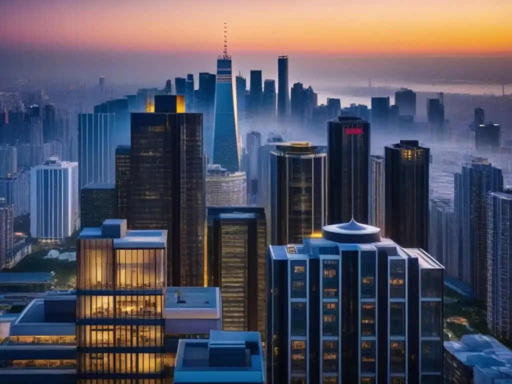 Esplendor urbano: rascacielos de lujo al atardecer Rascacielos de lujo en ciudad al atardecer, reflejando el sol en cristales, ideal para negociar compra propiedades zonas lujo