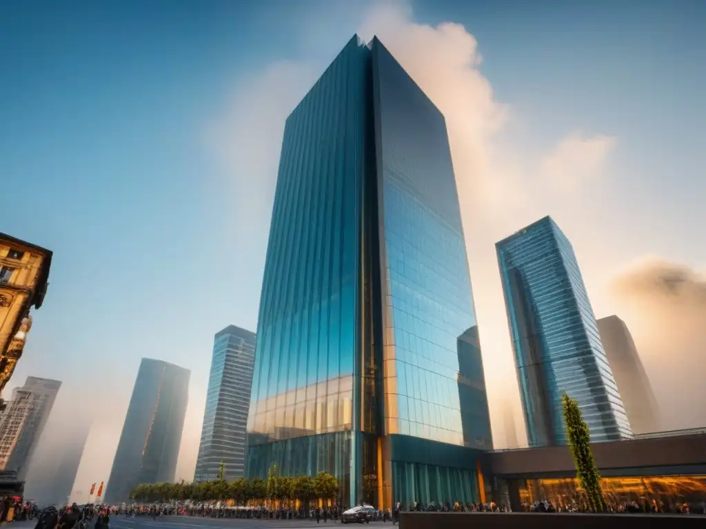 Esplendor urbano: rascacielos moderno en la ciudad Un rascacielos de lujo moderno con una fachada de vidrio elegante, reflejando el vibrante paisaje urbano