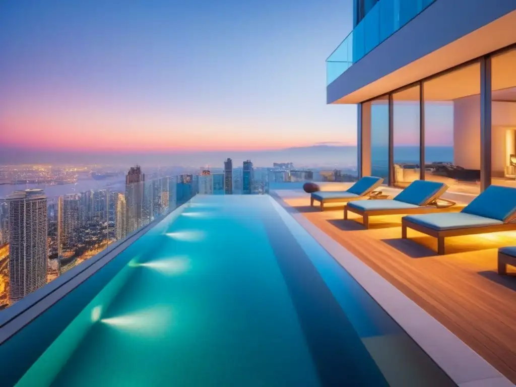 Edificio de apartamentos de lujo con piscina infinita en la azotea Rascacielos de lujo con piscina infinita y balcones elegantes, reflejando ciudad al anochecer
