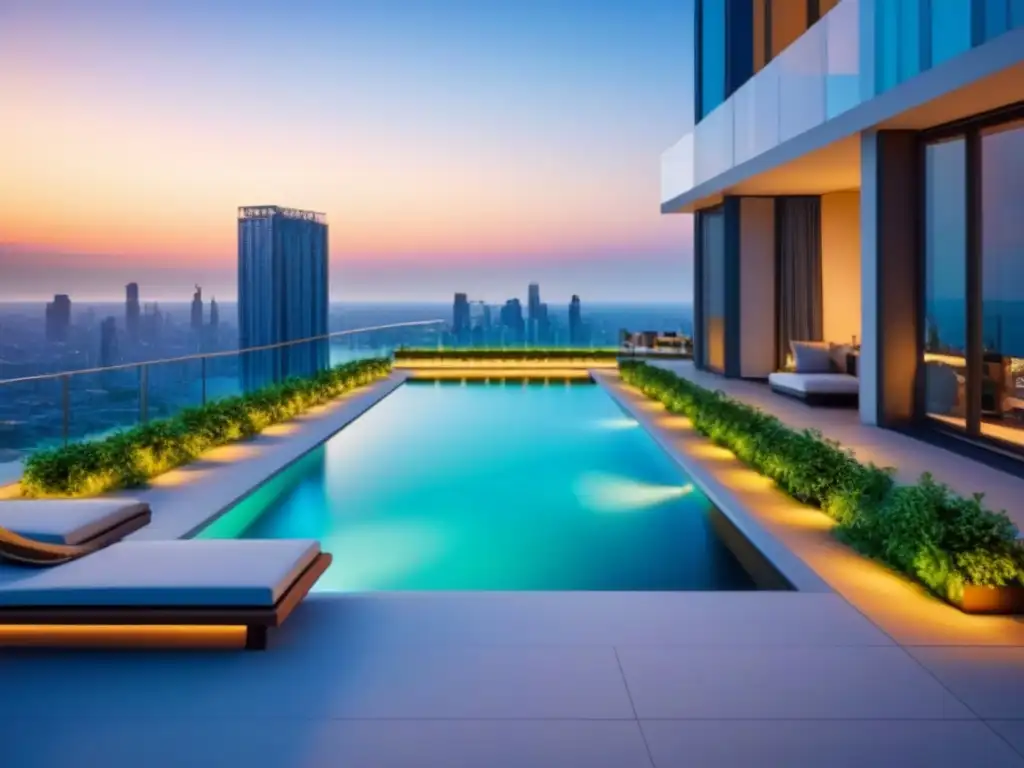 Edificio de apartamentos de lujo en la ciudad al atardecer Rascacielos de lujo con terraza en la azotea, fusionando sofisticación y vida urbana al atardecer