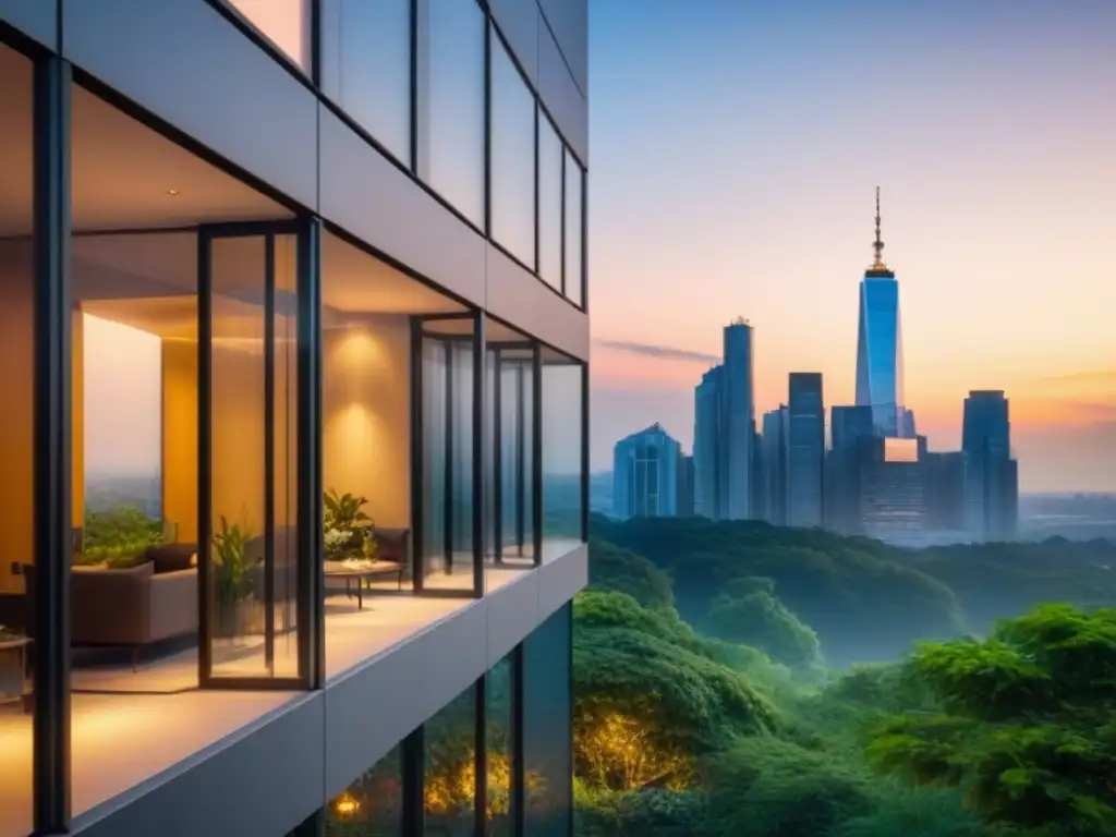 Edificio de cristal de lujo en la ciudad al atardecer Un rascacielos de lujo reflejando la vibrante ciudad al atardecer, rodeado de vegetación exuberante