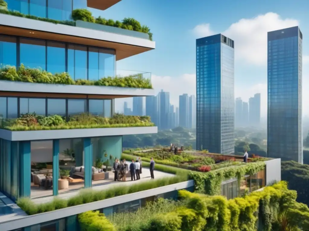 Edificio sostenible: lujo moderno y naturaleza en armonía Un rascacielos lujoso con diseño moderno y elementos sostenibles