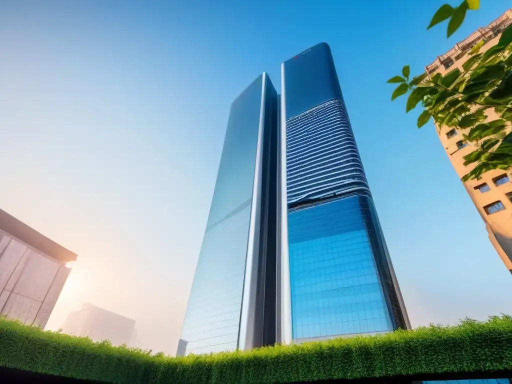 Un rascacielos lujoso y futurista rodeado de exuberante vegetación, con líneas arquitectónicas elegantes y superficies de vidrio reflectantes