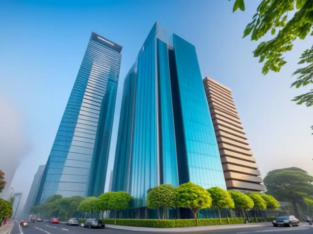 Rascacielos innovador entre árboles verdes: símbolo de avance en financiamiento inmobiliario Un rascacielos moderno entre árboles verdes, fusionando elementos arquitectónicos tradicionales y contemporáneos