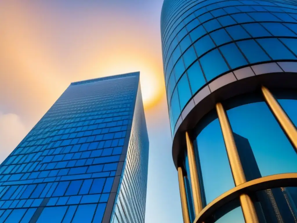 Rascacielos moderno reflejando la puesta de sol dorada: estabilidad y crecimiento en el mercado inmobiliario Rascacielos moderno reflejando el atardecer dorado, simbolizando estabilidad y crecimiento en el financiamiento inmobiliario en cambios monetarios
