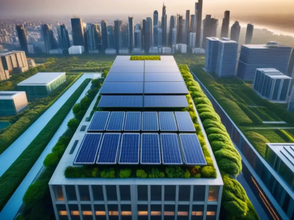 Rascacielos sostenible: innovación urbana Un rascacielos moderno con jardín en la azotea y paneles solares, símbolo de sostenibilidad en la ciudad