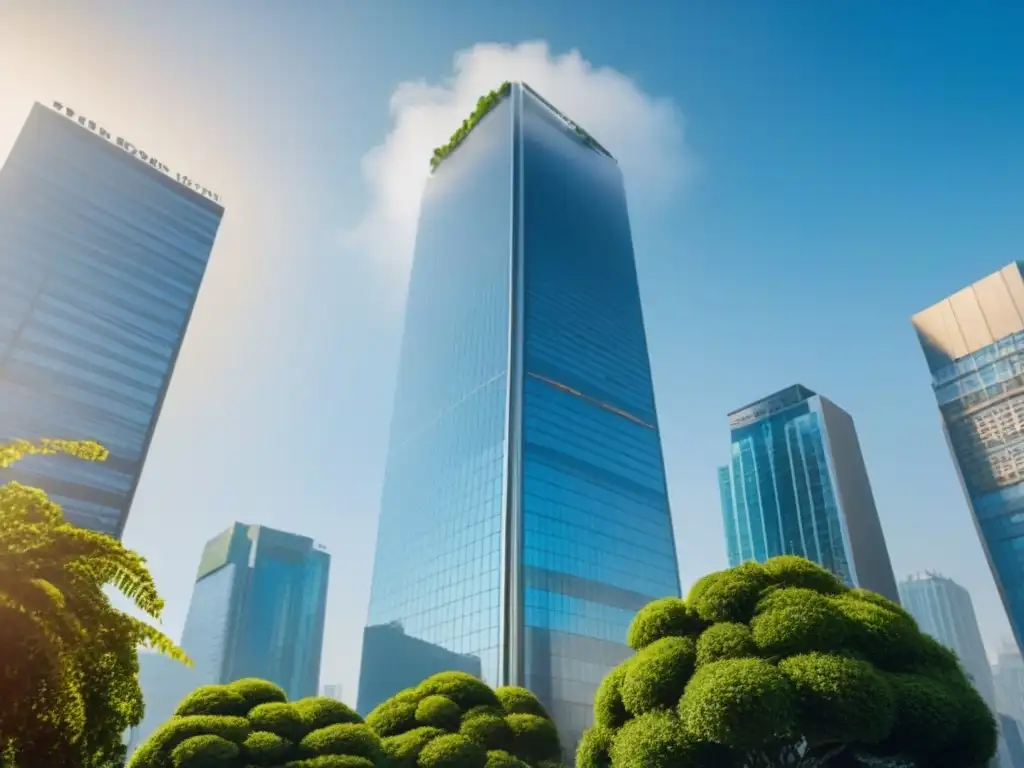 Rascacielos moderno en armonía: innovación y naturaleza Un rascacielos moderno destaca en el cielo azul, rodeado de naturaleza y ciudad