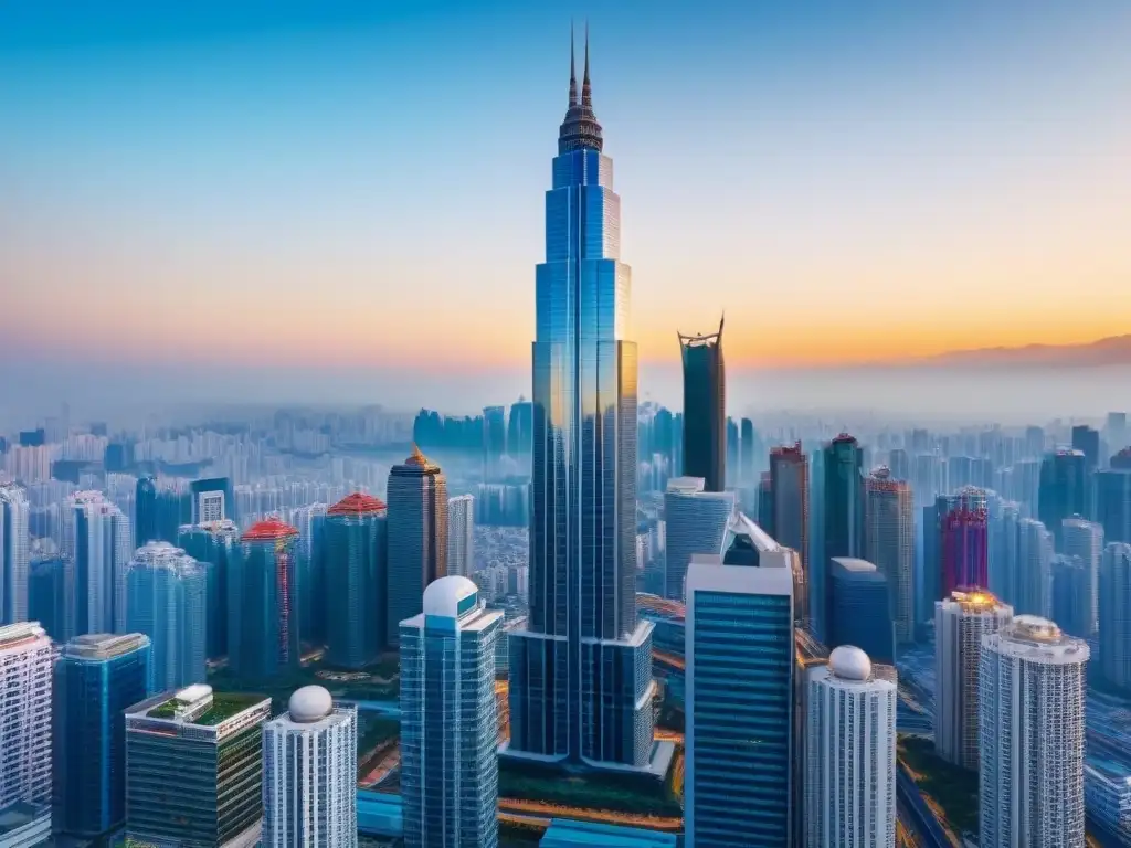 Esplendor urbano: rascacielos moderno en Asia Un rascacielos moderno en una ciudad asiática, destacando detalles arquitectónicos y el vibrante paisaje urbano