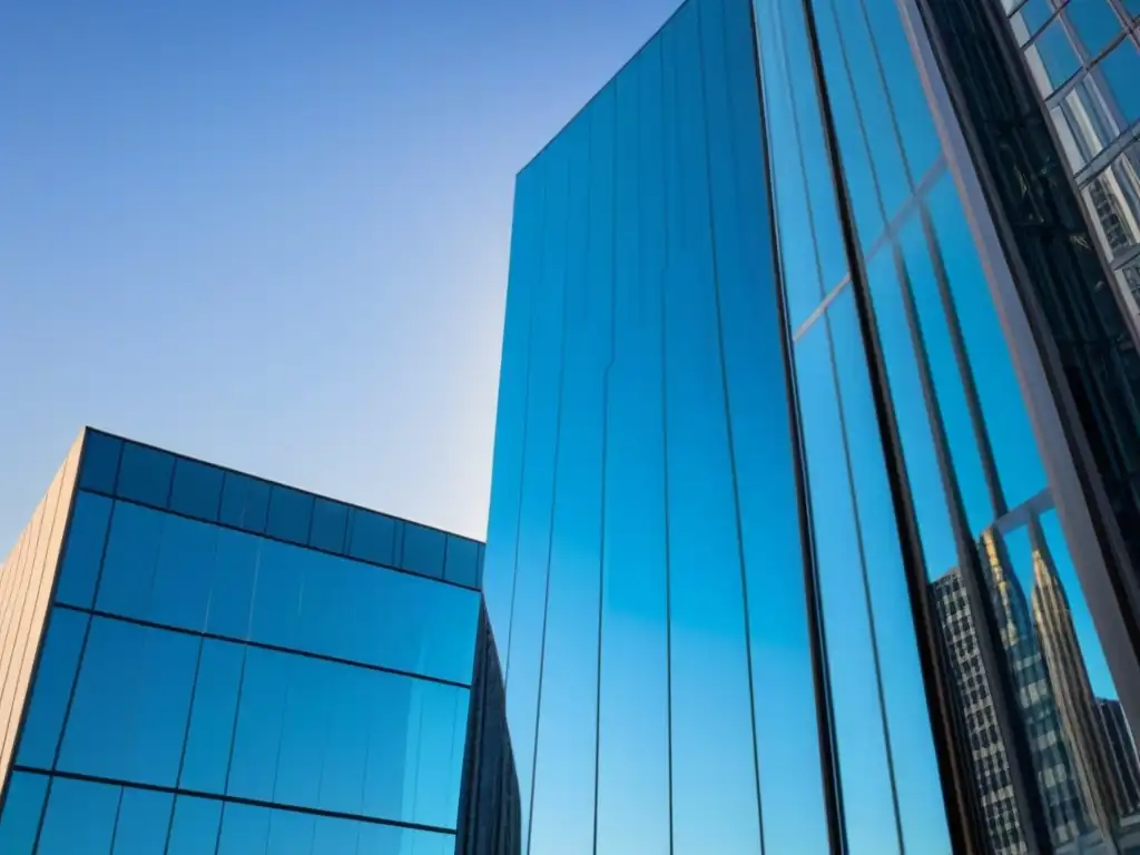 Edificio de oficinas moderno y elegante en el cielo azul Un rascacielos moderno reflejando la ciudad bajo cielo azul