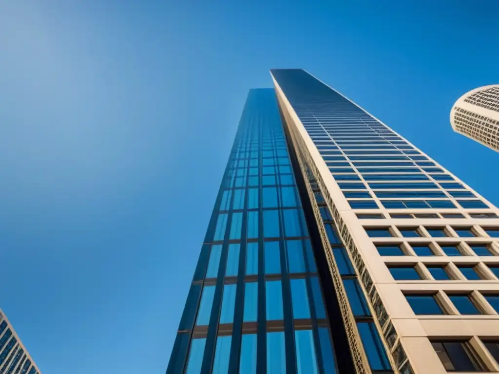 Edificio moderno en la ciudad: reflejos impactantes Un rascacielos moderno reflejando la ciudad, simbolizando el dinamismo del mercado inmobiliario con detalles arquitectónicos