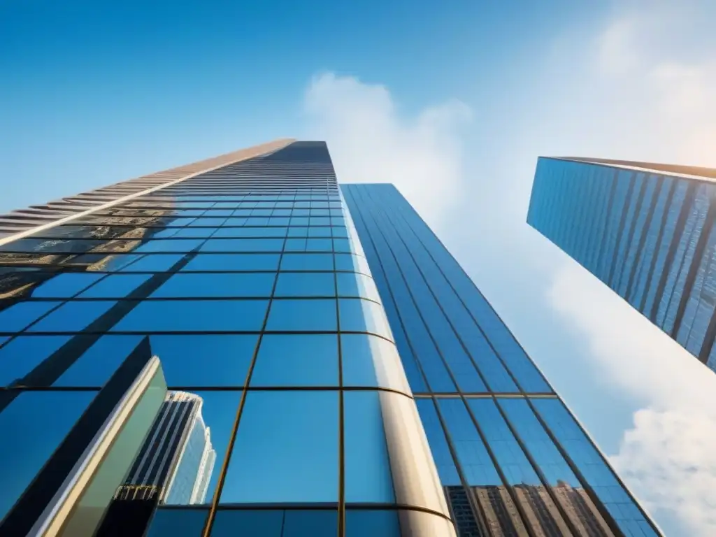 Rascacielos moderno: símbolo de innovación y éxito en bienes raíces Un rascacielos moderno refleja la ciudad en su fachada de cristal, simbolizando innovación y éxito en inversiones inmobiliarias