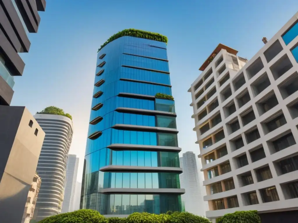 Edificio de vanguardia en ciudad latinoamericana vibrante Un rascacielos moderno en una ciudad latinoamericana, reflejo del progreso y la vida urbana