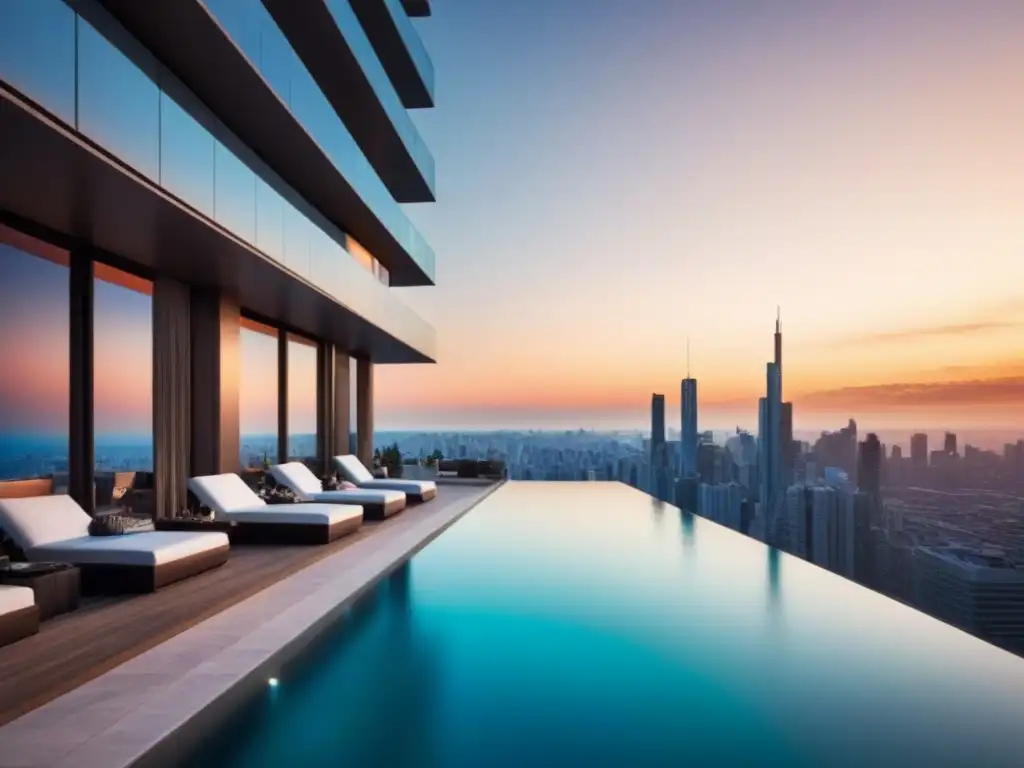 Rascacielos de lujo en ciudad latinoamericana Rascacielos moderno en ciudad latinoamericana con diseño elegante, ventanas panorámicas y piscina infinita al atardecer