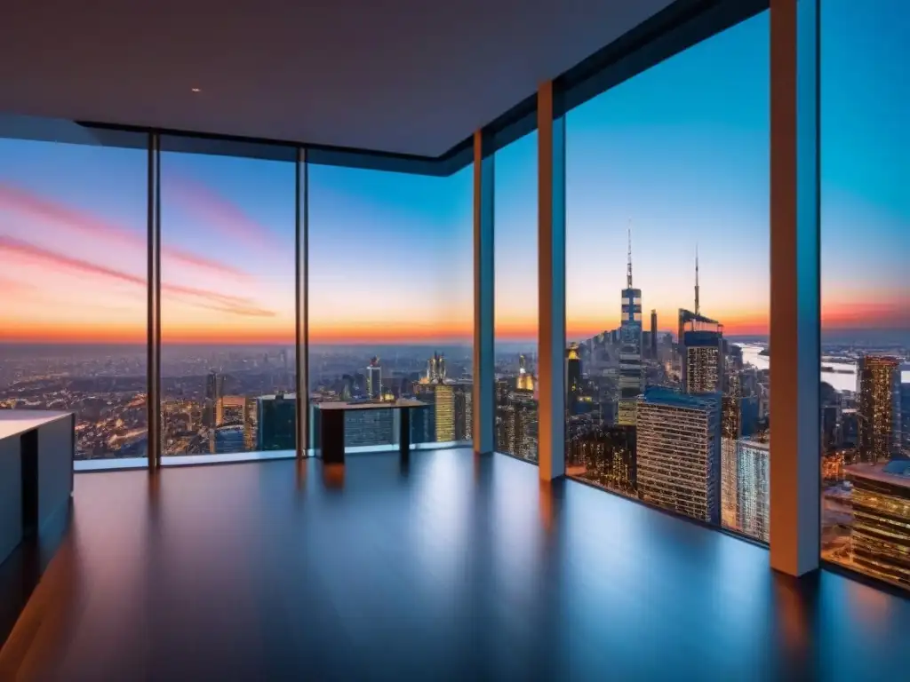 Edificio de oficinas moderno y lujoso en ciudad al atardecer Un rascacielos moderno con cristaleras de piso a techo reflejando la ciudad al atardecer, simbolizando éxito y Ética en inversiones inmobiliarias