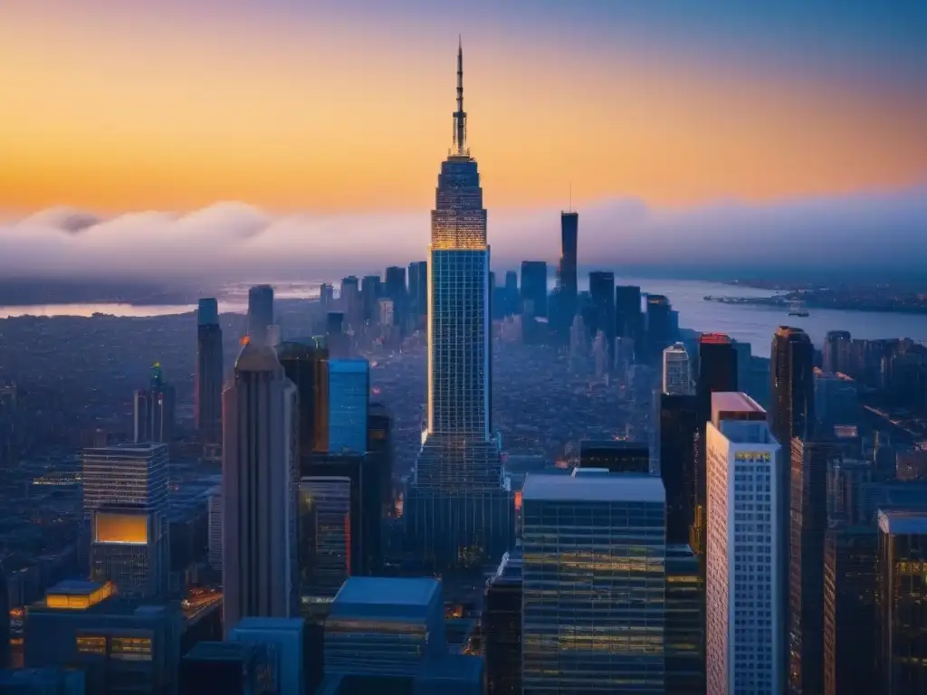Un rascacielos moderno y elegante destaca en un atardecer vibrante en la ciudad
