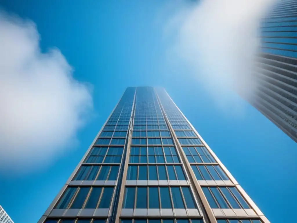 ¡'Rascacielos moderno reflejando estabilidad y crecimiento en la ciudad'! Un rascacielos moderno y elegante se alza contra el cielo azul, reflejando la ciudad