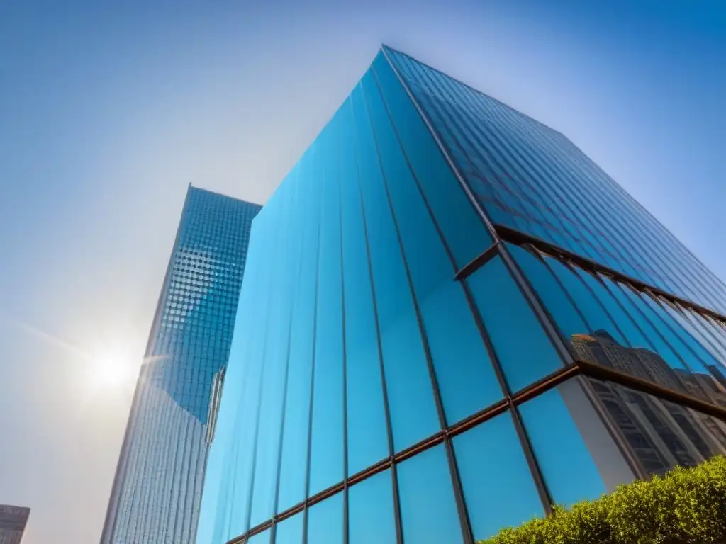 Rascacielos moderno y luminoso en distrito financiero Un rascacielos moderno y elegante refleja el cielo azul y la ciudad