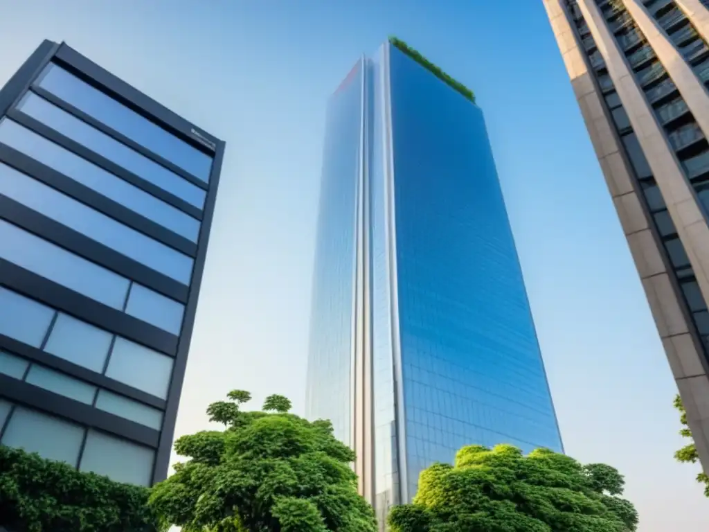 Rascacielos moderno resplandeciente en la ciudad: importancia del seguro Un rascacielos moderno y elegante reflejando el cielo azul, rodeado de vegetación, destaca la importancia de seguros inmobiliarios